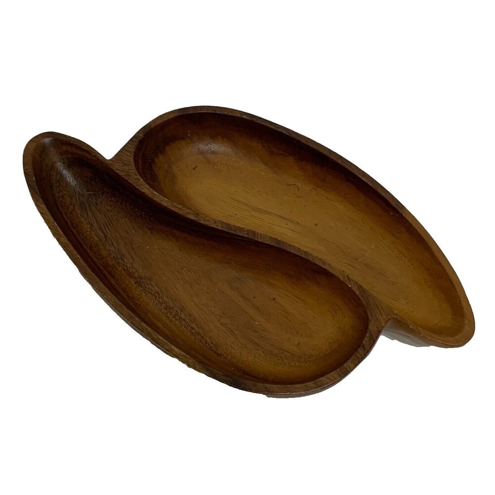 Genuine Hand Carved Monkey Pod Wood Bowl Divider 2 Part Serving Philippine